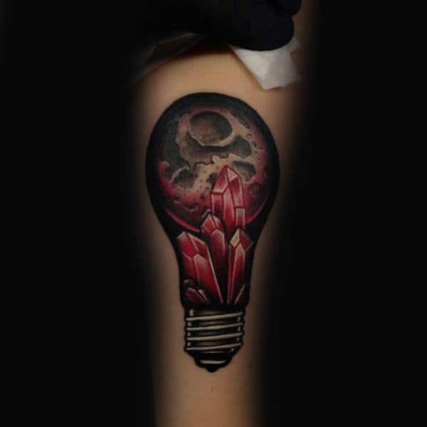 Red Gems Inside Light Bulb With Moon Small Guys Tattoos