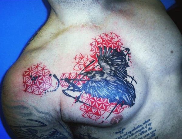 Red Geometric Design And Raven Tattoo Male Chest