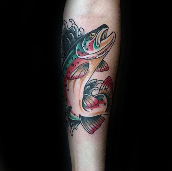 Red Green And Black Male Trout Inner Forearm Tattoo Design Ideas