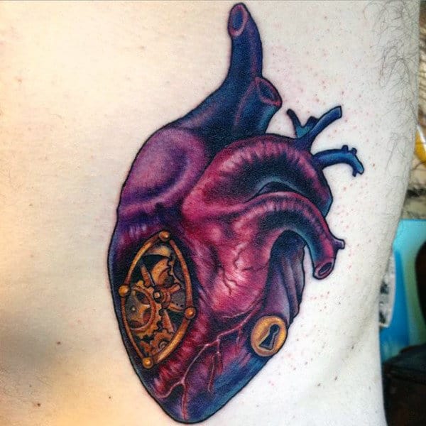 Red Heart With Lock Steampunk Tattoo Male Back