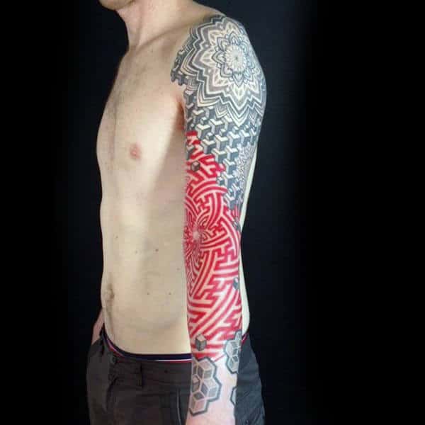Red Ink Full Sleeve Guys Tattoo Design Inspiration With Patterns