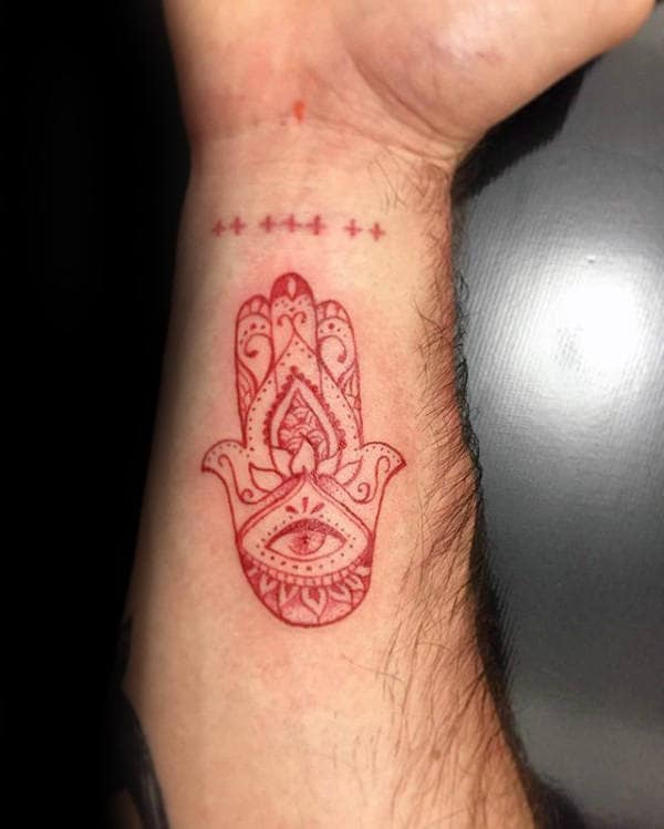 Red Ink Hamsa Mens Wrist Tattoos