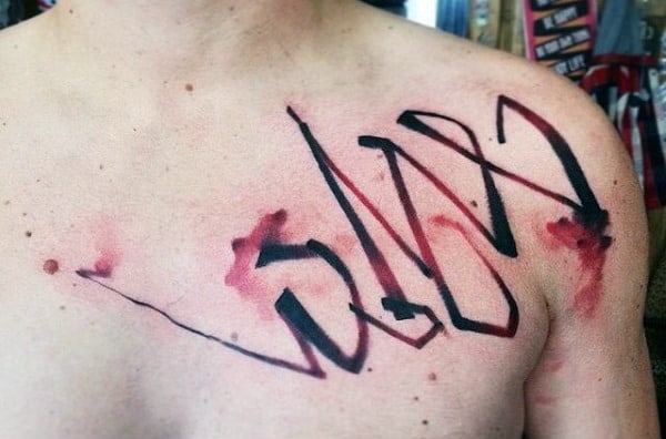 Red Ink Lines Male Abstract Unique Chest Tattoo