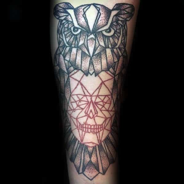 Red Ink Lines Skull With Geometric Owl Guys Forearm Tattoo
