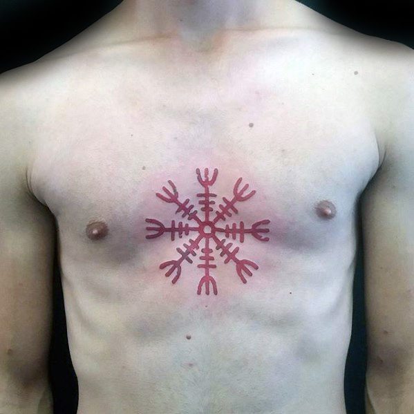 Red Ink Mens Helm Of Awe Chest Tattoo Ideas