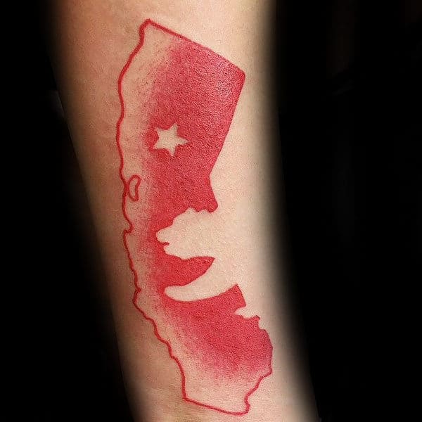 Red Ink Negative Space Male California Bear Forearm Tattoo