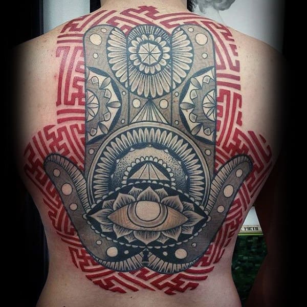 Red Ink Pattern Mens Full Back Hamsa Tattoo