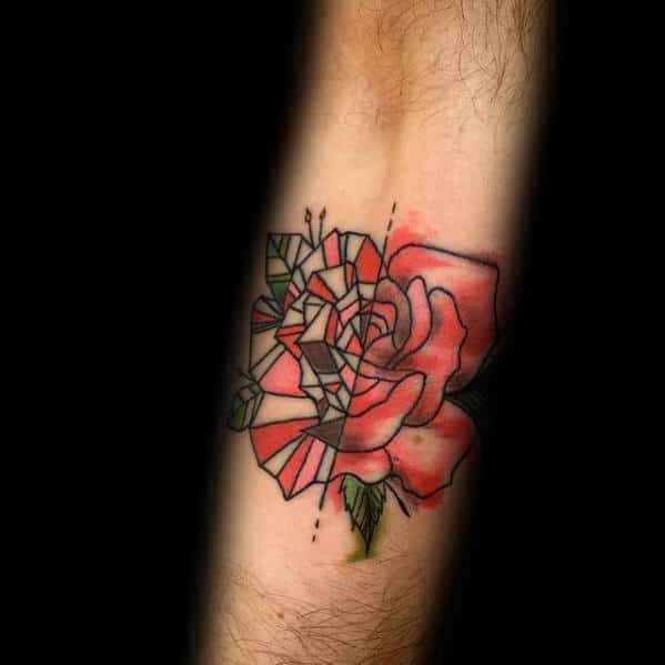 Red Ink Watercolor Geometric Rose Mens Tattoos On Forearm