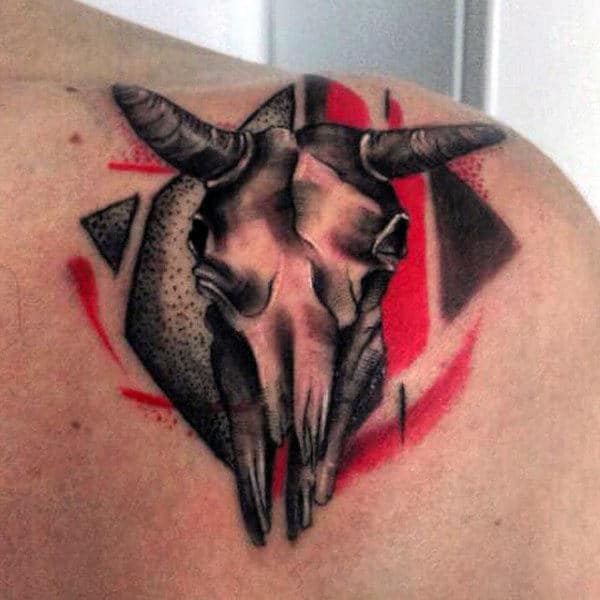 Red Ink Watercolor Shaded Male Bull Skull Tattoos On Back Of Shoulder Blade