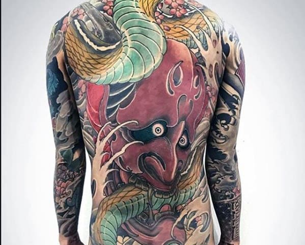 Red Japanese Mask With Green Snake Guys Traditional Back Tattoos