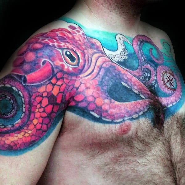 Red Kraken Mens Watercolor Blue Ink Background Chest Tattoos