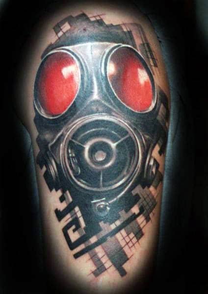 Red Lens Gas Mask Thigh Tattoo On Men