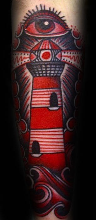Red Lighthouse And Eye Traditional Guys Leg Sleeve Tattoo