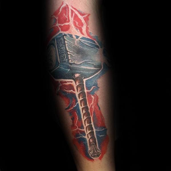 Red Lighting Bolts Mjolnir Male Forearm Tattoos