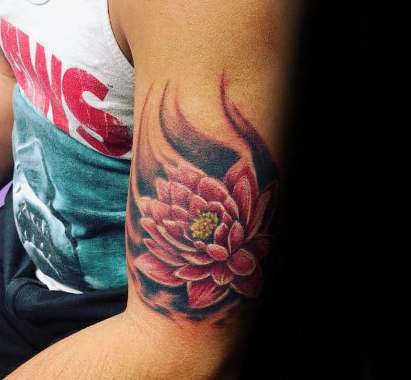 Red Lotus Flower Mens Lower Arm Tattoos