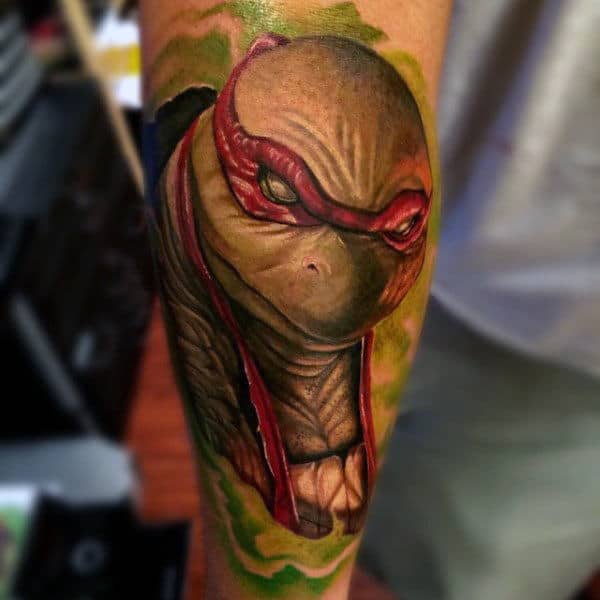 Red Masked Teenage Mutant Ninja Turtle Male Tattoo On Forearm