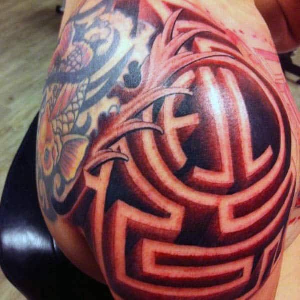 Red Maze Shoulder Optical Illusion Mens Tattoo Design