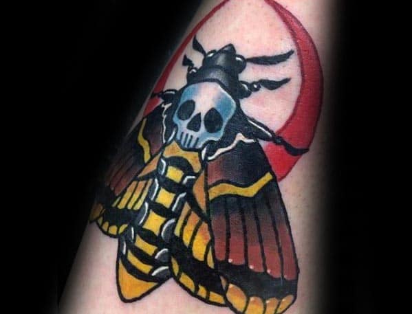 Red Moon With Moth And Skull Guys Traditional Outer Forearm Tattoo Ideas