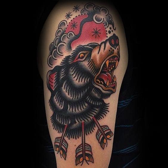 Red Mooon With Clouds Traditional Bear Arrow Male Arm Tattoos