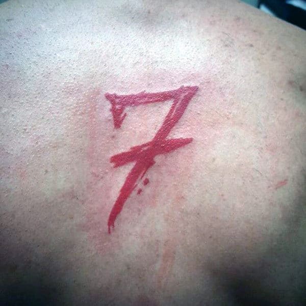 Red Number 7 Mens Upper Back Tattoo