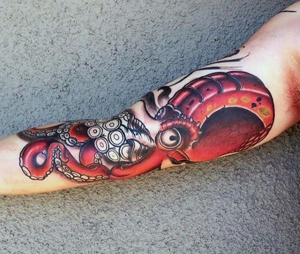 Red Octopus Arm Tattoo For Men