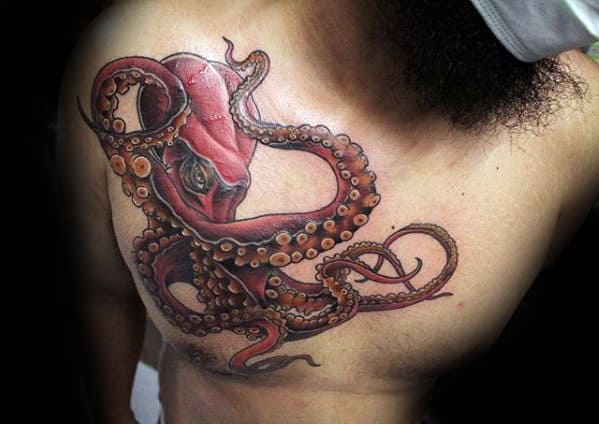 Red Octopus Male Upper Chest Tattoo Inspiration