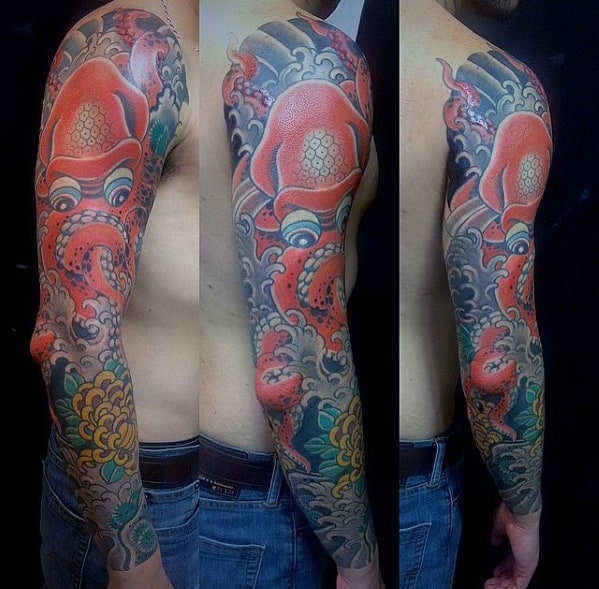 Red Octopus Mens Japanese Full Sleeve Tattoo