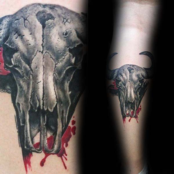 Red Paint Splatter With Shaded Bull Skull Mens Leg Calf Tattoo