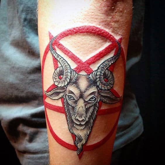 Red Pentagram Horned Beast Tattoo Male Forearms