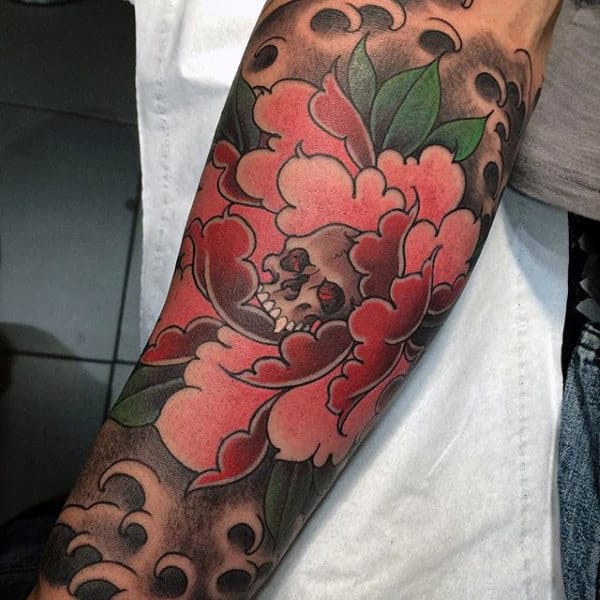 Red Ink Japanese Peony Flower Tattoo Design For Half Sleeve