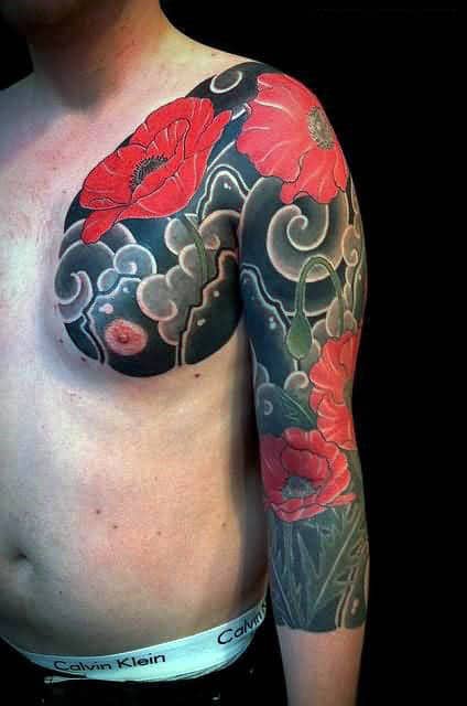 Red Poppy Flower Cloud Guys Japanese Half Sleeve Tattoo Ideas
