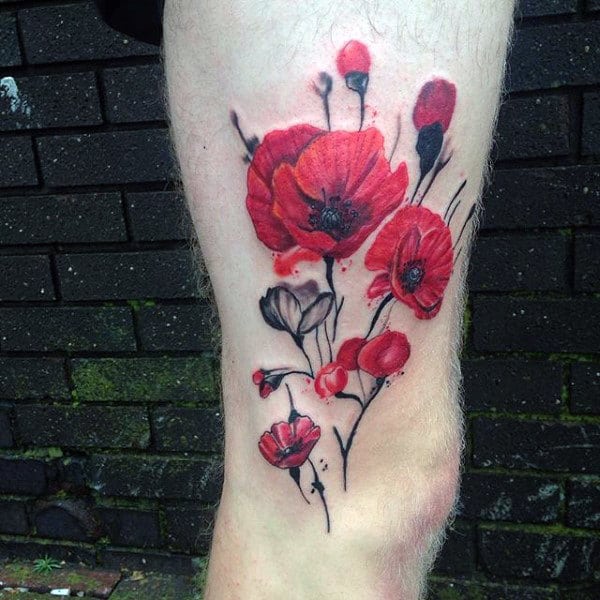 Red Poppy Flower Memorial Ww2 Guys Thigh Tattoos