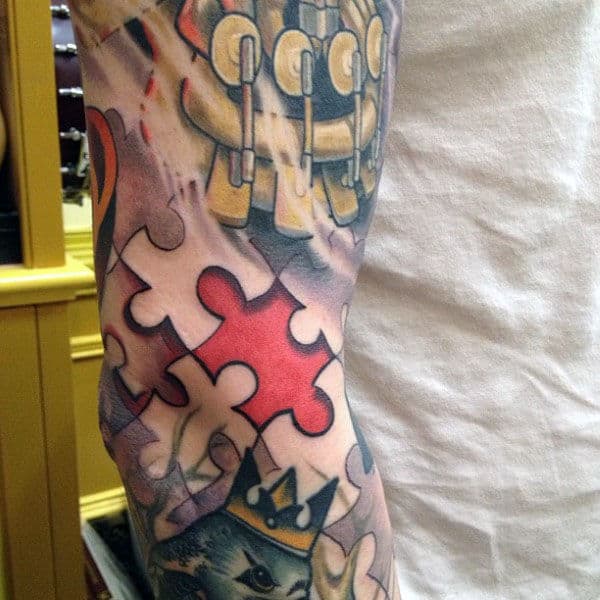 Red Puzzle Piece 3d Optical Illusion Sleeve Tattoo For Men