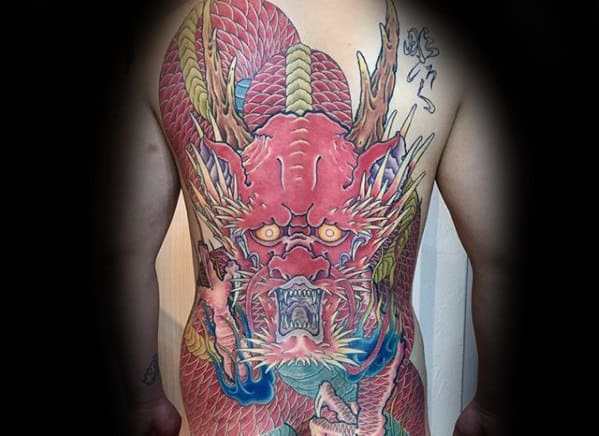 Red Roaring Dragon Male Japanese Tattoo On Back
