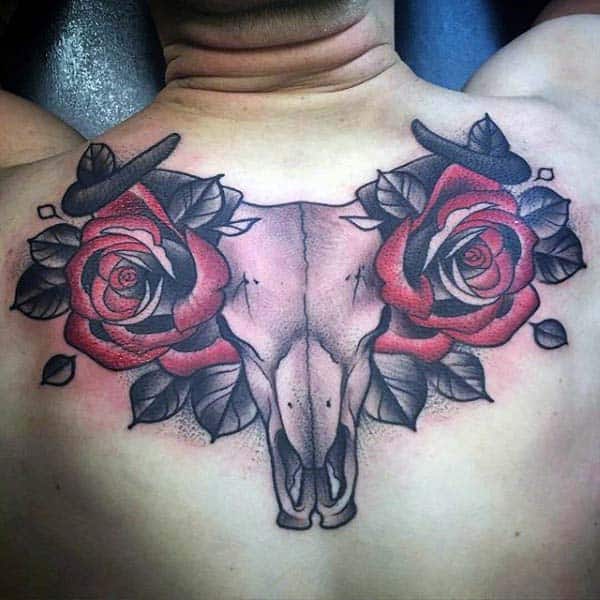 Red Rose Flower Bull Skull Mens Upper Back Tattoos