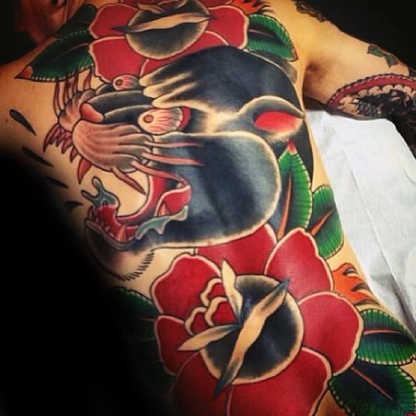 Red Rose Flower With Panther Mens Giant Traditional Full Back Tattoo