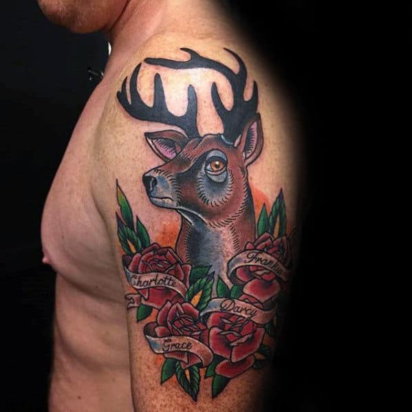 Red Rose Flowers Memorial Traditional Deer Mens Arm Tattoo