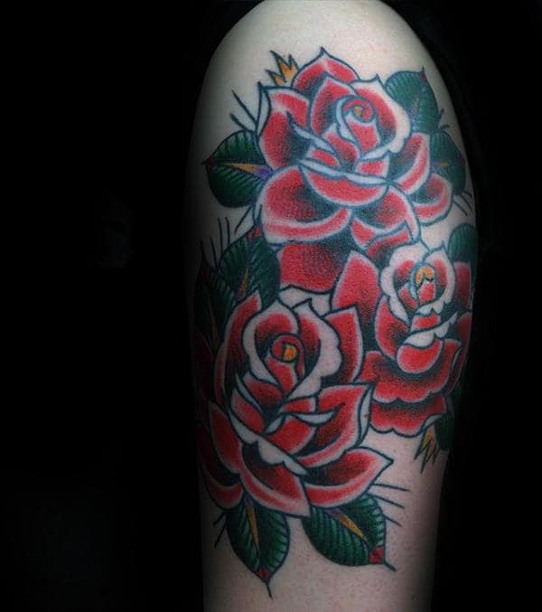 Red Rose Flowers Mens Traditional Arm Tattoo Inspiration
