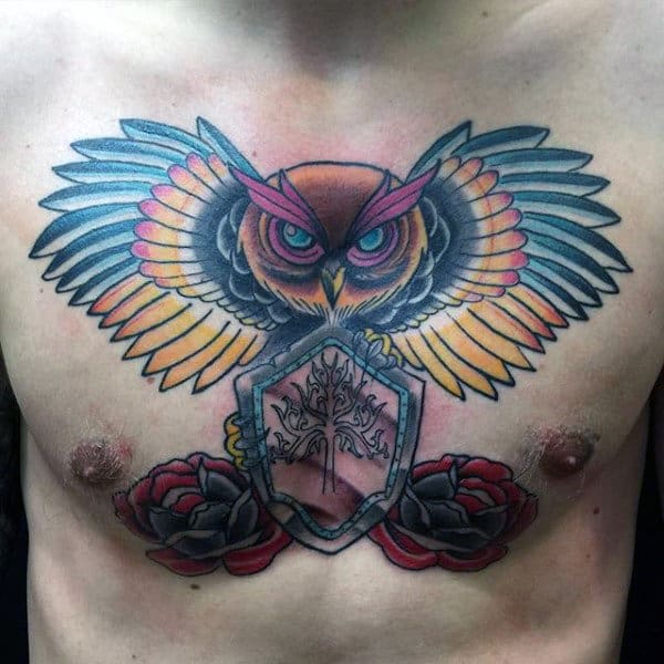 Red Rose Tree Of Life Owl Chest Tattoos On Men