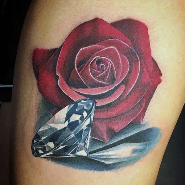 Red Rose With Diamond Reflection Mens Thigh Tattoo