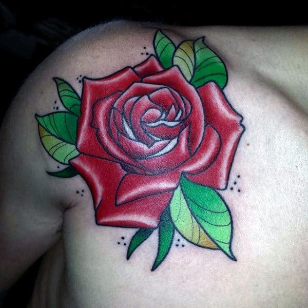 Red Rose With Green Leaves Male Traditional Shoulder Tattoo Designs