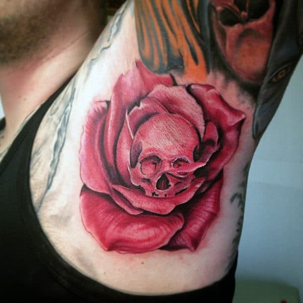 Red Rose With Skull In Center Tattoo Male Armpit