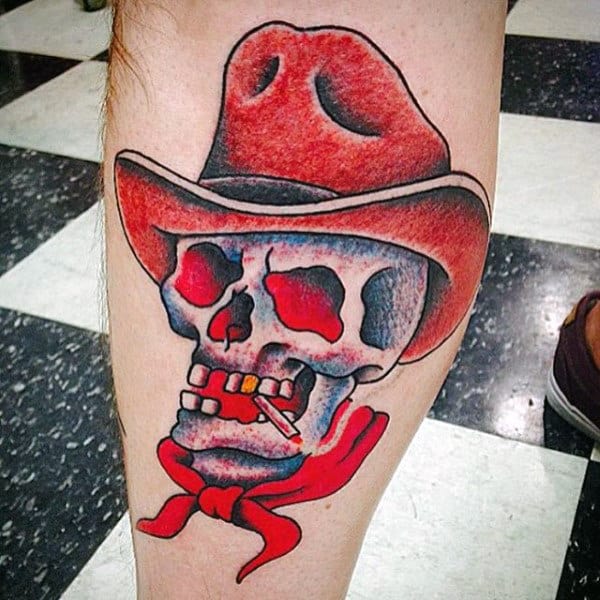Red Skull Tattoo With Cowboy Outfit Sailor Jerry Style On Guy