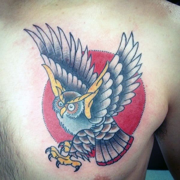 Red Sun Owl Male Traditional Upper Chest Tattoo