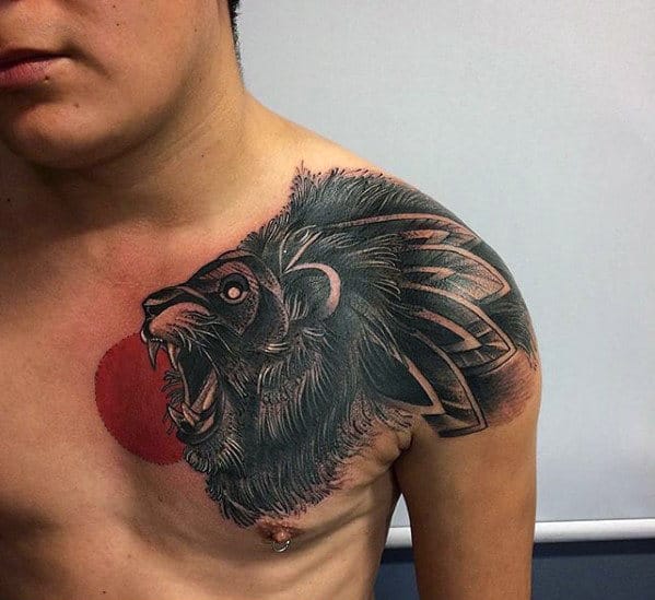 Red Sun With Lion Shoulder Tattoo For Men