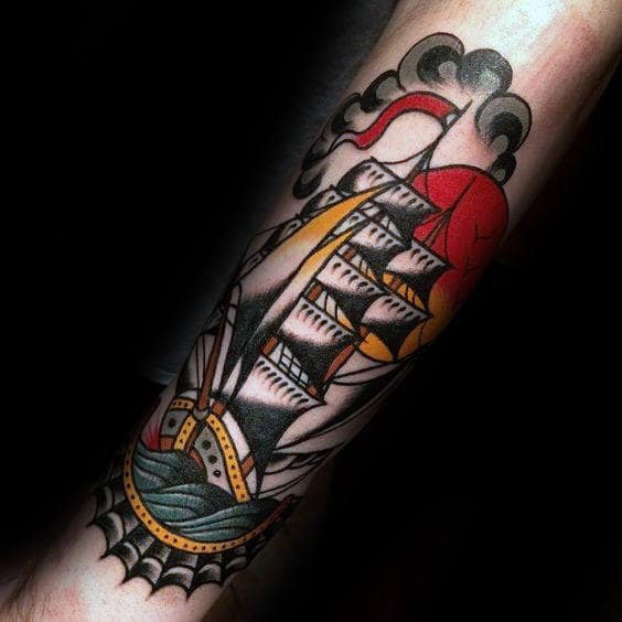 Red Sun With Sailing Ship And Spider Web Male Forearm Traditional Old School Tattoo Ideas