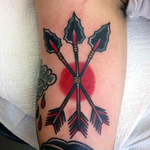 Red Sun With Three Arrows Guys Traditional Bicep Tattoos
