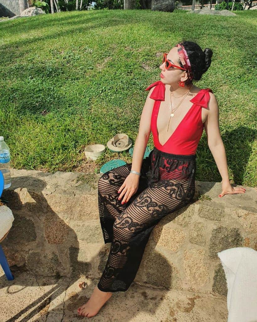Red Swimwear Black Crocheted Pants Cover Up Outfit