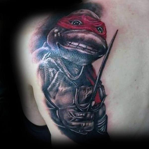 Red Teenage Mutant Ninja Turtle Male Upp Back Tattoo Ideas