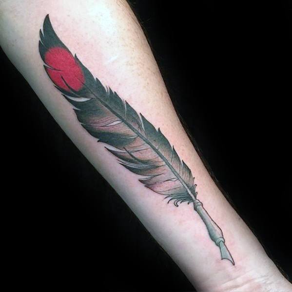 Red Tip Feather Quill Tattoo Ideas For Males On Inner Forearm
